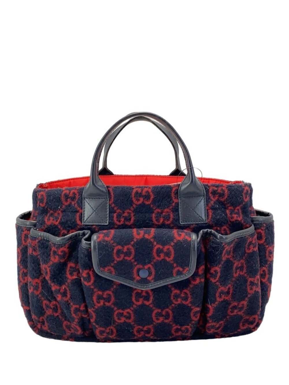 Gucci GG Wool Pocket Tote navy blue red GG monogram black leather